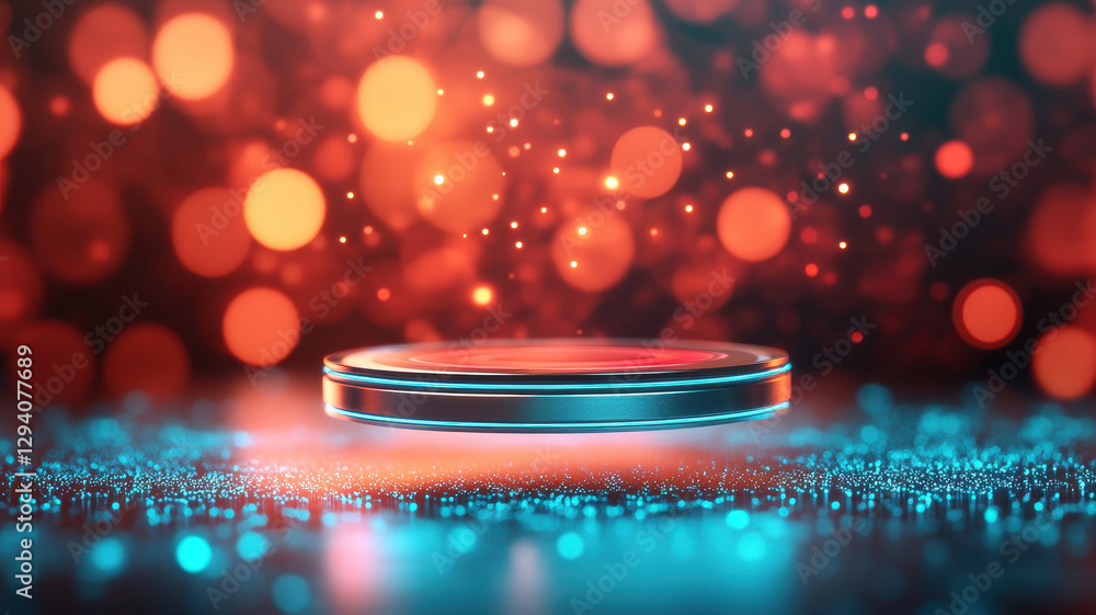 Poster floating futuristic hard drive with integrated glowing elements, surrounded by vibrant bokeh lights,