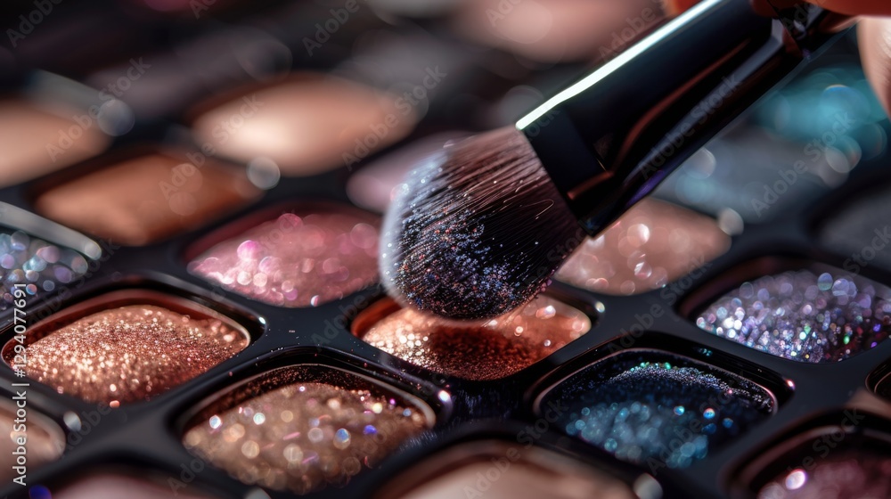 Poster close up view of a hand, applying makeup using a brush over a shimmering eyeshadow palette filled wi