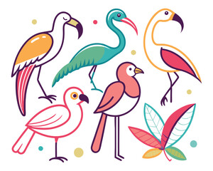 Exotic Birds Icon Collection – Outline Vector Set of Hummingbird, Flamingo, Parrot, Toucan & Swallow
