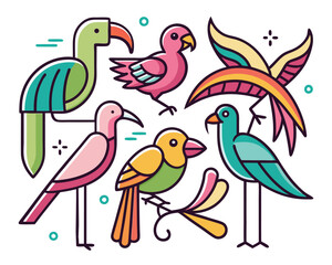 Exotic Birds Icon Collection – Outline Vector Set of Hummingbird, Flamingo, Parrot, Toucan & Swallow
