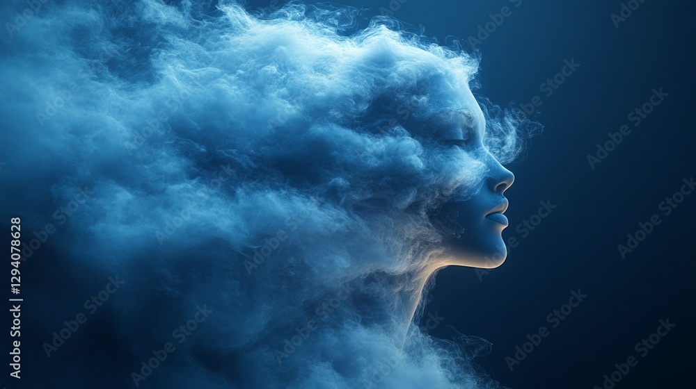 Poster Wisps of mist swirl around a serene face, merging with ethereal features under a soft glow. This enchanting vision captures the essence of otherworldly beauty and tranquility