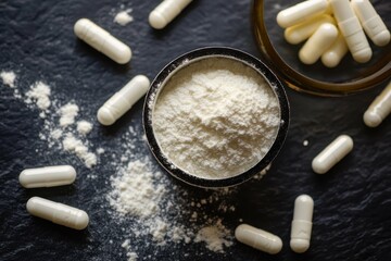 Creatine Monohydrate Supplement: White Powder Scoop with Chemical Formula