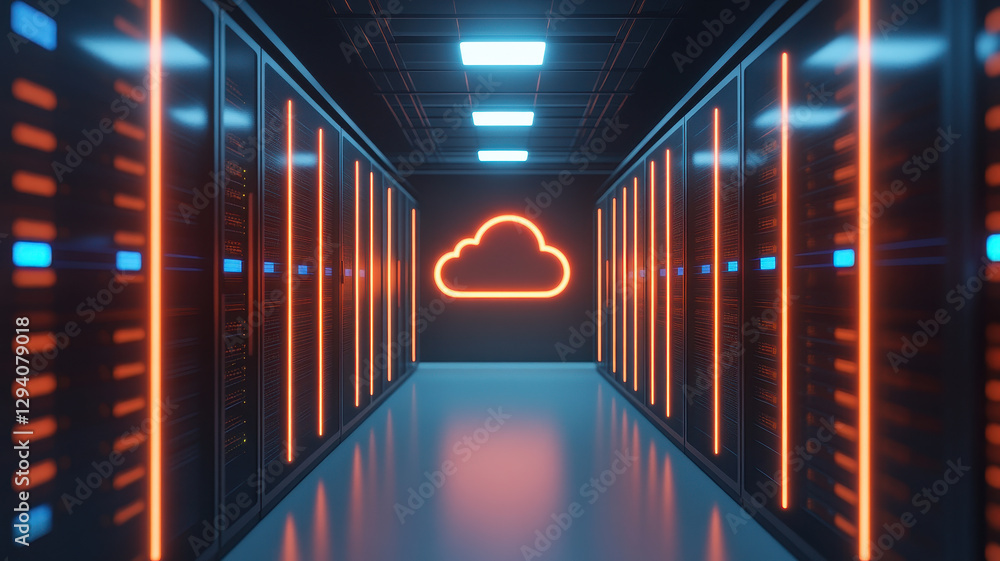 Poster futuristic cloud storage server room with glowing neon lights and sleek design. atmosphere conveys a