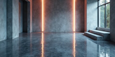 Modern Minimalist Interior Design Featuring Polished Concrete Floor and Ambient Lighting