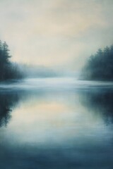 Fototapeta premium Misty lake reflects trees in morning light.