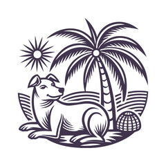 Dog Relaxing Under Palm Tree Silhouette Vector Clipart Isolated Illustration