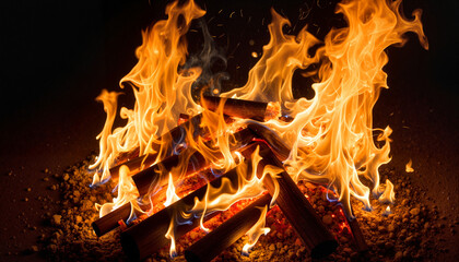 Vibrant flames dancing around wooden logs, warmth and energy