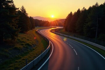 Golden Hour Asphalt Curve Serene Sunset on a Winding Road Through a Forest