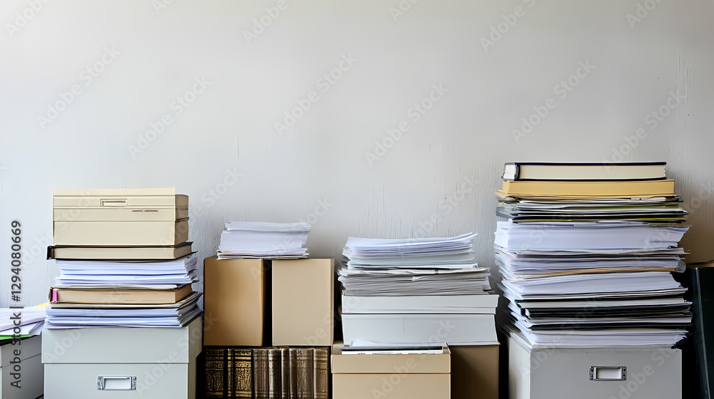 Poster stacks of paper and files showing messy storage in office