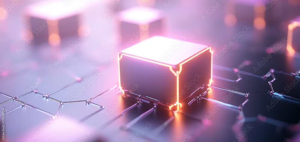 Poster futuristic glowing cubes on digital network, showcasing advanced technology and innovation. vibrant 