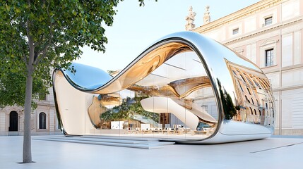 Fototapeta premium Modern Architectural Design Sleek Curvilinear Retail Space in Urban Setting