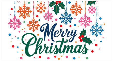 Merry Christmas typography and hanging snowflakes vector. Christmas typography with decorative snowflakes vector. Christmas day celebration text with snowflakes and decorative holly leaves vector
