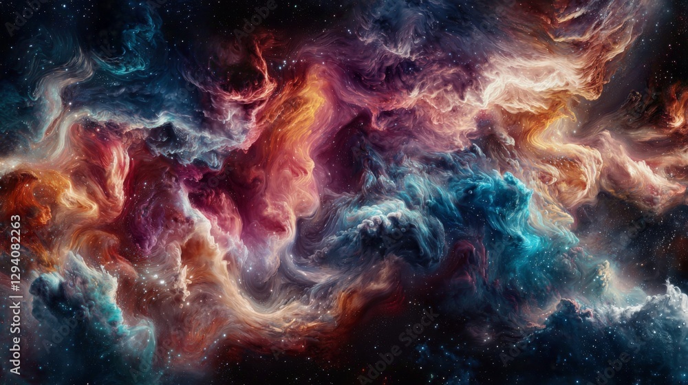 Poster cosmic swirl of colorful nebulae creating a stunning visual of deep space and interstellar gas cloud
