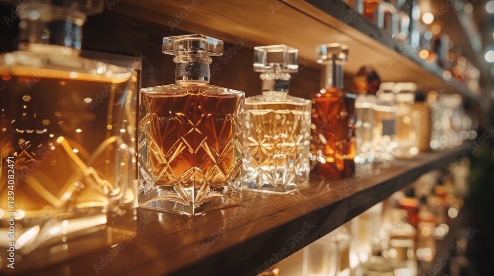 Poster A collection of ornate glass bottles arranged neatly on a wooden shelf, showcasing an array of amber and golden liquids within a refined setting, creating a luxurious ambiance.