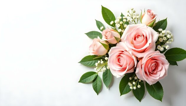 Una toma panor&aacute;mica y desde un &aacute;ngulo alto presenta un arreglo floral sobre un fondo blanco con textura. El arreglo presenta una variedad de rosas rosadas, algunas completamente florecidas