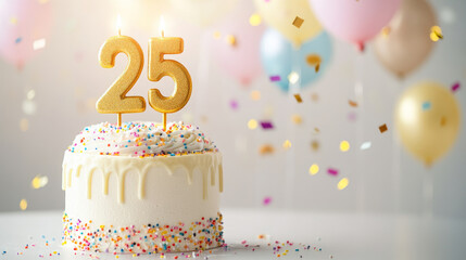 Birthday celebration with a decorated cake, balloons, confetti and number 25 candle. Twenty-fifth anniversary concept