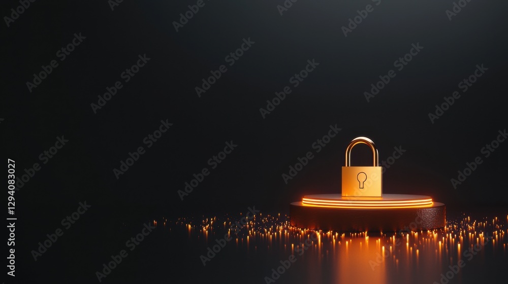 Poster a padlock illuminated by glowing lights sits on a reflective surface, symbolizing security and prote