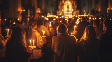 Obraz premium Emotional Nighttime Candlelight Vigil with People Holding Candles in a Spiritual Setting, Creating a Warm and Inviting Atmosphere Filled with Reflection and Hope