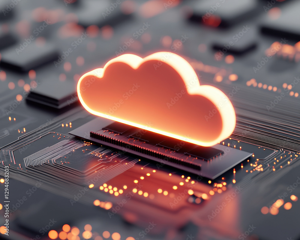 Aufkleber neon lit 3d cloud hovering above high tech circuit board, symbolizing data storage and technology. v
