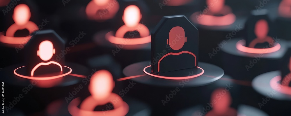 Poster a digital illustration of interconnected user icons, glowing in red, representing a network of indiv