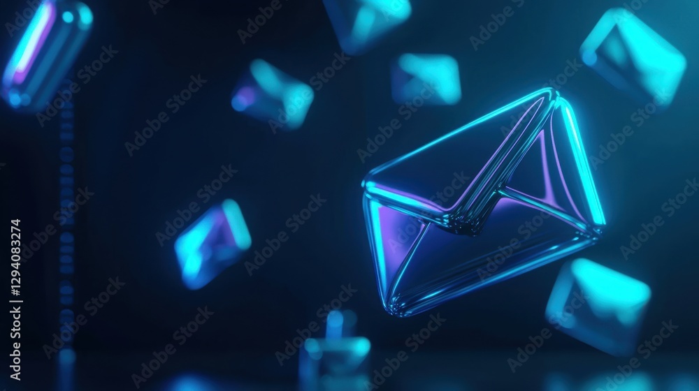 Poster a glowing, digital representation of floating envelopes in a dark, futuristic setting, embodying com
