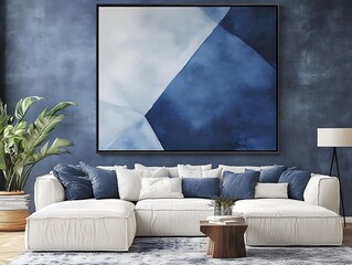 A square art painting hangs on a blue wall