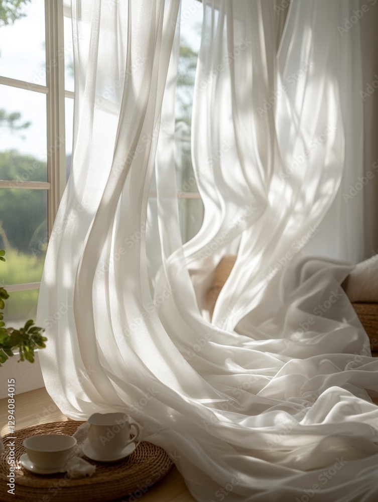Aufkleber serene morning light filtering through sheer white curtains creating a tranquil and inviting atmosph