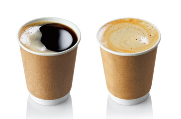 set of coffee in disposable paper cup isolated on white