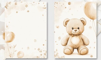 Invitation template with florals and flower and cute teddy bear for baby shower or birthday modern invitation. Front and back print template design.