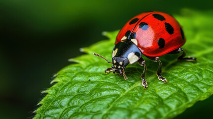 Fototapeta premium Close-Up of Vibrant Red Ladybug with Black Spots on Fresh Green Leaf Surrounded by Soft Focus Greenery in a Natural Environment