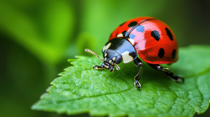 Fototapeta premium Close-Up View of a Vibrant Red Ladybug with Black Spots Resting on a Green Leaf, Highlighting the Beauty of Nature and Insect Life in a Lush Environment