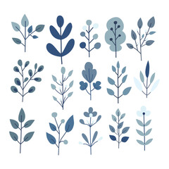 Set of leaves and flowers in blue color.