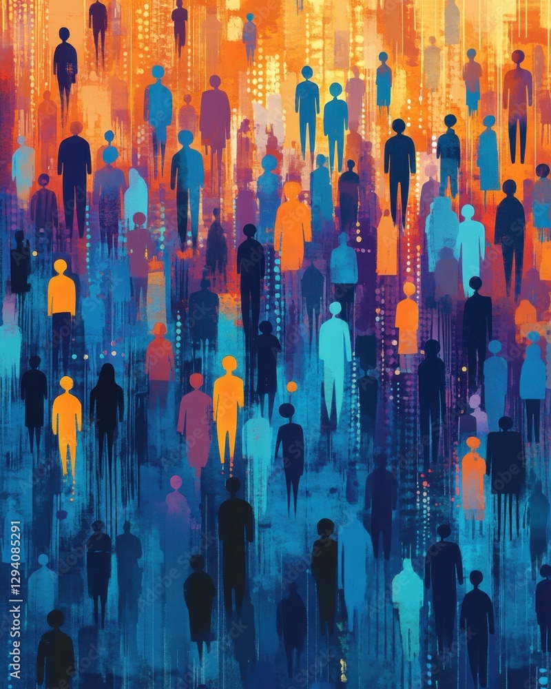 Poster abstract crowd of people in colorful cityscape with brushstroke texture and dynamic composition for 