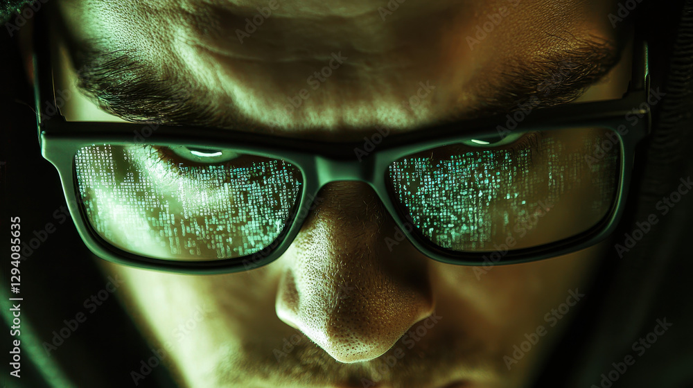Aufkleber close-up of a hacker in dark glasses immersed in a digital world of streaming data