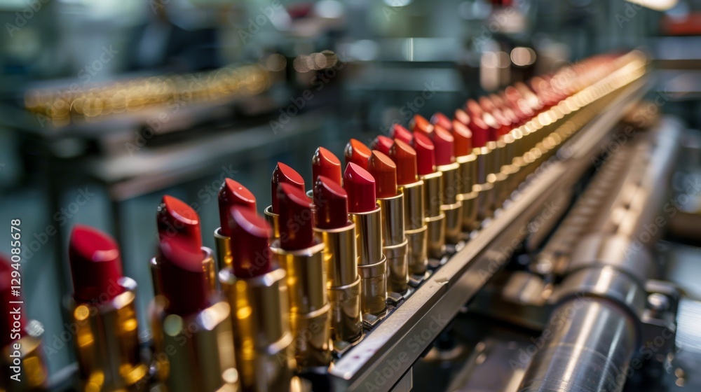 Poster bright red lipsticks are aligned neatly on a conveyor belt inside a factory. workers in the backgrou