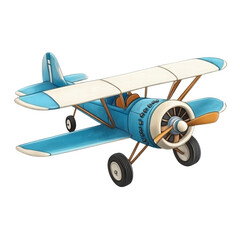 colorful toy airplane with vintage design, featuring blue body and wooden propeller, evokes sense of adventure and nostalgia