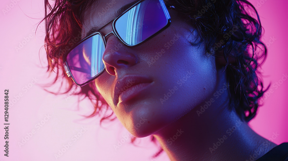 Aufkleber close-up portrait of a hacker in dark glasses with streaming data reflections