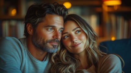 A warm intimate moment of a couple sharing a loving gaze in a softly lit cozy room with bookshelves