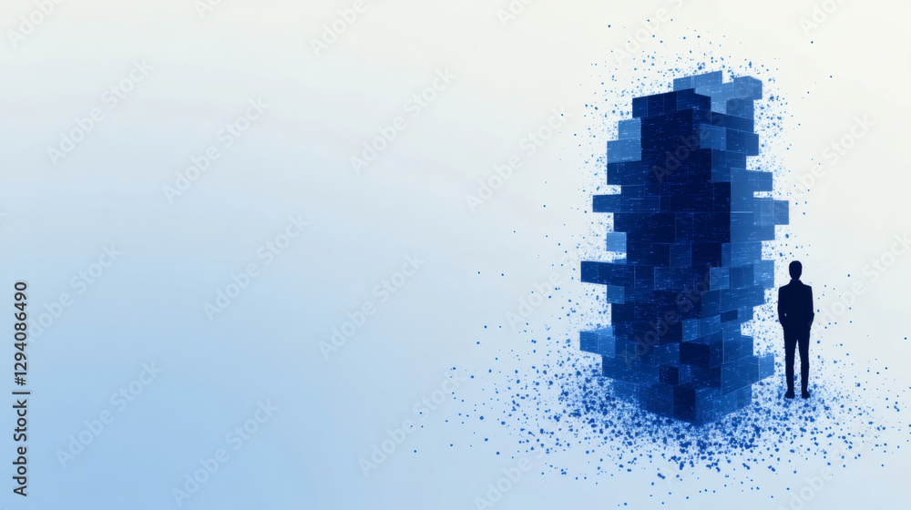 Poster abstract figure near a blue, fragmented portal on a light background