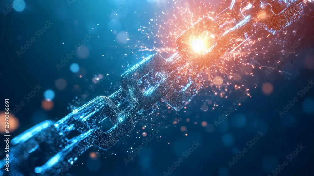 Poster a glowing chain link with particles and sparks against a blue background
