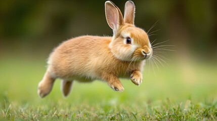 Fototapeta premium Cute Brown Rabbit Leaping Joyfully in a Lush Green Field