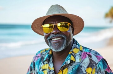 an African man wearing yellow sunglasses, a hat, and a Hawaiian shirt, smiling on a beach
