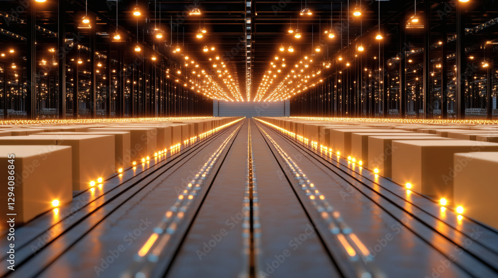 Poster warehouse interior with illuminated pathway and boxes aligned for storage