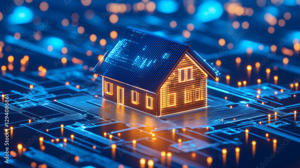 Poster digital house model on a circuit board with glowing lights