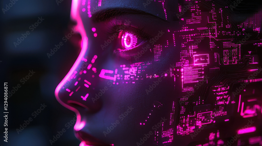 Poster robotic ai security system scanning for cyber threats with glowing digital features