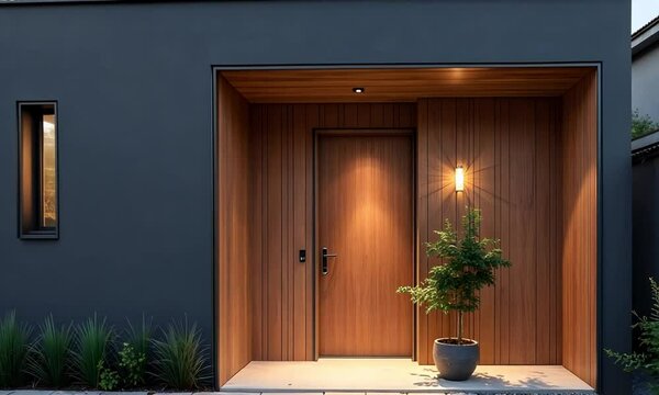 Modern house entrance with wooden door and gray walls