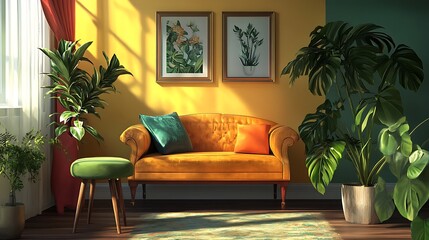 Living room interior drawing board stool sofa and houseplant