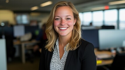 Professional setting with a smiling representative, exuding warmth and approachability in a bustling office.