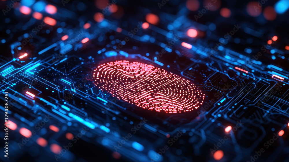 Poster futuristic biometric security system featuring an ai-powered fingerprint scanner