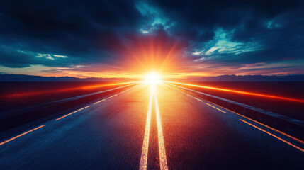 Majestic Sunrise Over Open Road with Dramatic Clouds and Vibrant Light Ray Reflections Creating a Serene and Inspiring Journey Ahead